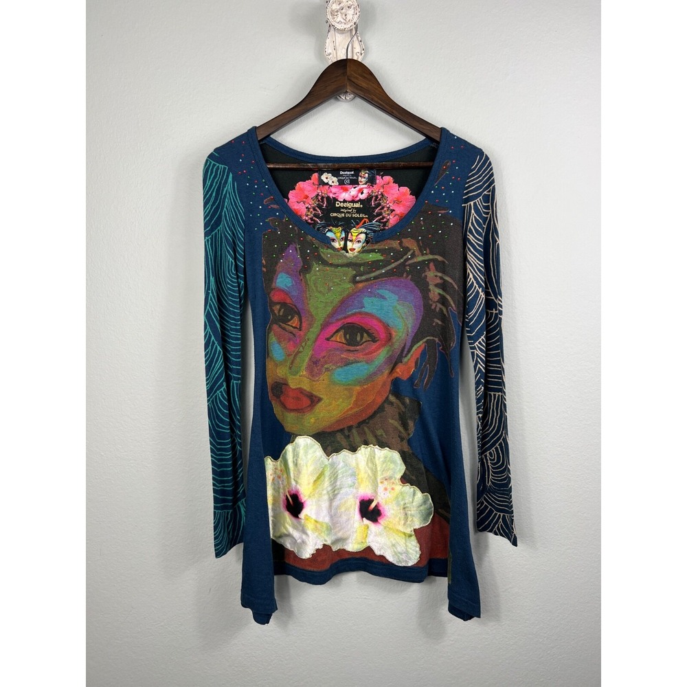 DESIGUAL Women's Cirque Du Soleil Top Tunic XS Long Sleeve Bling‎ Applique Art